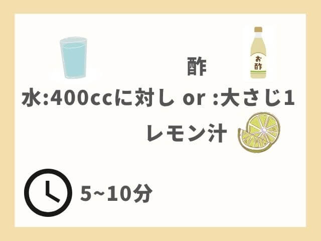 水のイラスト 酢とレモン汁のイラスト 水400ccに対し酢orレモン汁大さじ1 時計のイラスト 5~10分